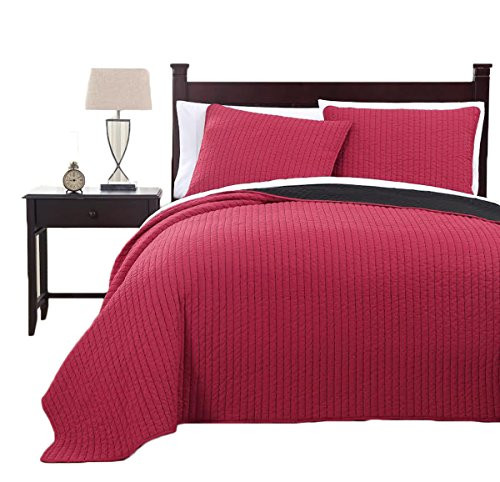 Wholesalebeddings Coverlet King Size Red with Black reversible Embroidered 3pc Quilt Set