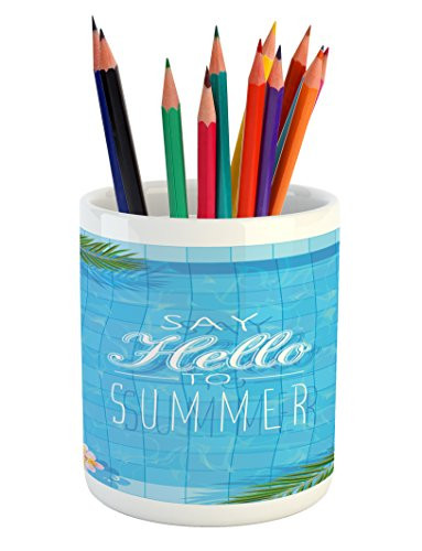 Ambesonne Saying Pencil Pen Holder- Say Hello to The Summer Slogan on a Pool with Ladder Flip Flops and Flowers Design- Printed Ceramic Pencil Pen Holder for Desk Office Accessory- Multicolor