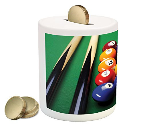 Lunarable Manly Piggy Bank- Billiard Pool Balls Arrangement Snooker Contest Beginning Entertainment Game Print- Ceramic Coin Bank Money Box for Cash Saving- 3.6" X 3.2"- Fern Green