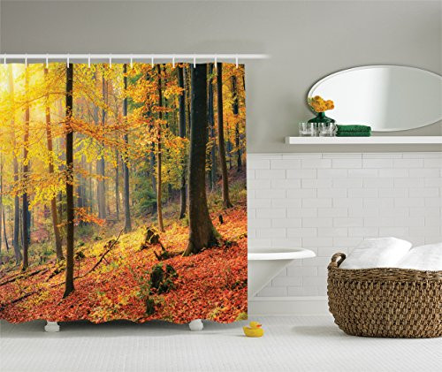 Ambesonne Farm House Decor Collection, Colorful Autumn Forest Sunbeams Golden Leaves Trees Seasonal Scenics Print, Polyester Fabric Bathroom Shower Curtain, 75 Inches Long, Salmon Green Yellow