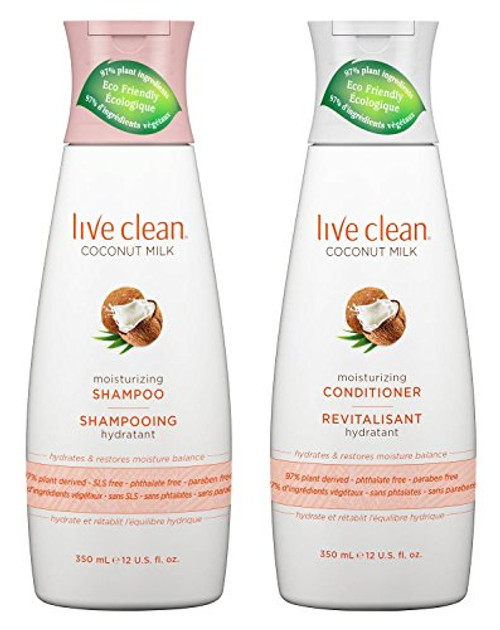 Live Clean Coconut Milk Moisturizing Shampoo and Coconut Milk Moisturizing Conditioner with Certified Organic Coconut Extract and Oil- Petrolatum-free- Phthalate-free and Paraben-free- 12 oz each