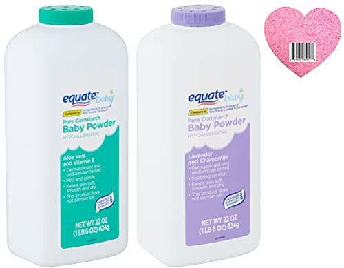 Pure Cornstarch Baby Powder Bundle. Includes One 22oz Equate Lavender/Chamomile Baby Powder- One 22oz Equate Aloe Vera/Vitamin E Baby Powder Plus a Carefree Caribou Pink Compressed Facial Sponge