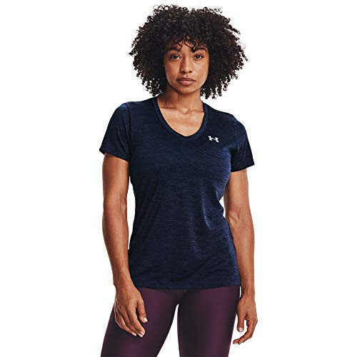 Under Armour Women's Tech V-Neck Twist Short-Sleeve T-Shirt - Midnight Navy -600-/Metallic Silver- X-Large