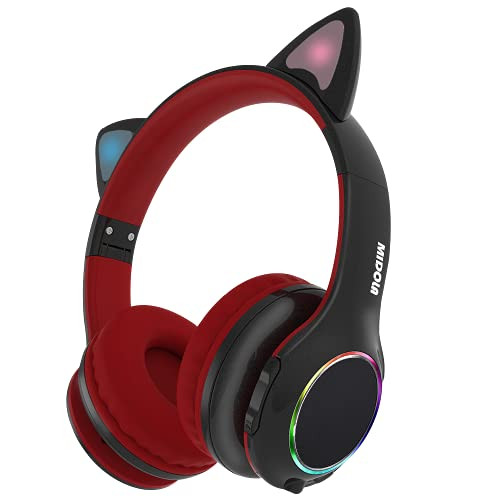 Midola Headphone Bluetooth 5.0 Wireless Over Ear Cat Light Foldable Stereo Gameing Music Headset with AUX 3.5mm Mic Volume Limited 110-85 dB for Adult  and  Kid Cellphone Tablets TV Game B11 Black Red