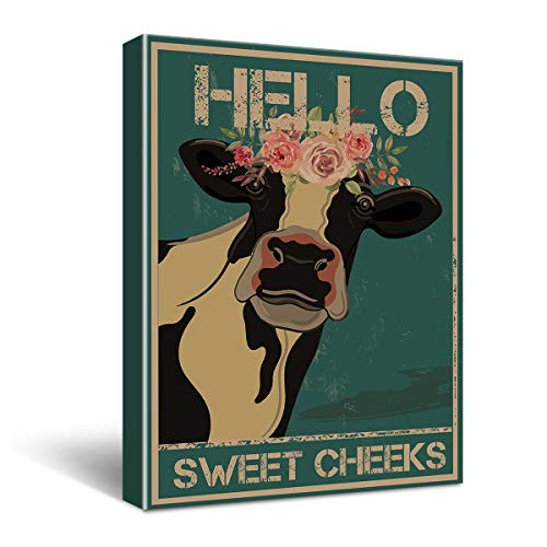 Funny Vintage Hello Sweet Cheeks Cow Bathroom Sign Canvas Wall Art for Restroom/Toilet/Bathroom/Home Decor Gifts 11.5x15 Inch