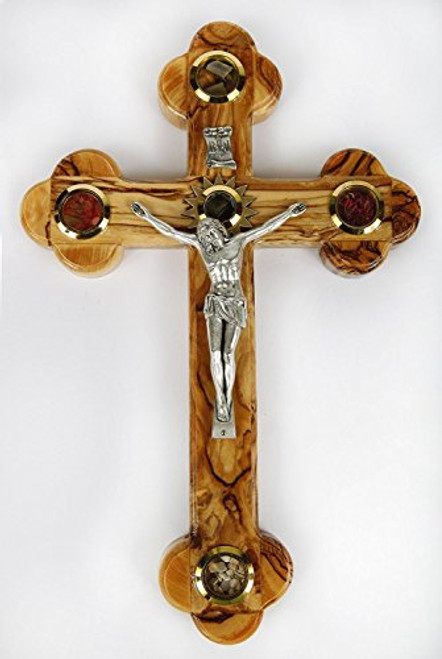 Olive Wood Crucifix / Wall Cross adorned with olive leaves, frankincense, flowers and stones from Jerusalem Hand Crafted by Artisans in Bethlehem (the heart of the holy land). by Bethlehem Gifts TM