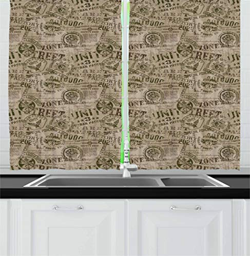 Ambesonne Grunge Kitchen Curtains, Nostalgic Pins from Different Countries Uniform Style Graphic Design Pattern, Window Drapes 2 Panel Set for Kitchen Cafe, 55 W X 39 L Inches, Tan Army Green
