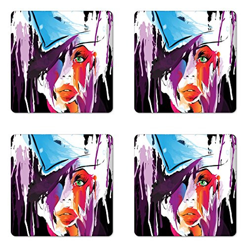 Lunarable Modern Coaster Set of 4- Woman Face with Green Eyes Leaking Hair Oil Paint Style Portrait Print- Square Hardboard Gloss Coasters for Drinks- Multicolor