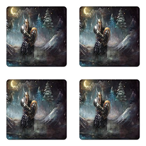 Ambesonne Fantasy Coaster Set of 4- Illustration of Medival Dwarf Knight in Gothic Shield in Mysterious Forest- Square Hardboard Gloss Coasters for Drinks- Multicolor