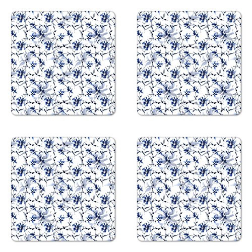 Ambesonne Japanese Coaster Set of 4- Japanese Ink Paint with Flourishing Flower Patterns Oriental Eastern Imagery Print- Square Hardboard Gloss Coasters for Drinks- Blue