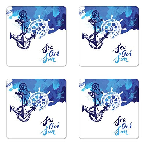 Ambesonne Nautical Coaster Set of 4- Vivid Ocean Back with Paint Effects with Wind Rose and Rudder Cruise Image- Square Hardboard Gloss Coasters for Drinks- Blue and White