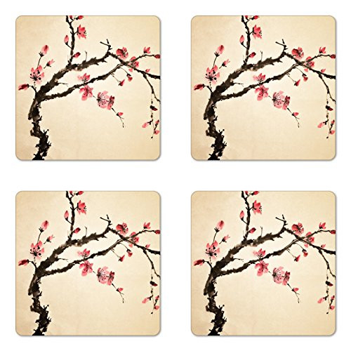 Lunarable Japanese Coaster Set of 4- Traditional Chinese Paint of Figural Tree with Details Brushstroke Effects Print- Square Hardboard Gloss Coasters for Drinks- Pink Brown Lunarable Japanese Coaster Set of 4- Traditional Chinese Paint of Figural Tree with Details Brushstroke Effects Print- Square Hardboard Gloss Coasters for Drinks- Pink Brown