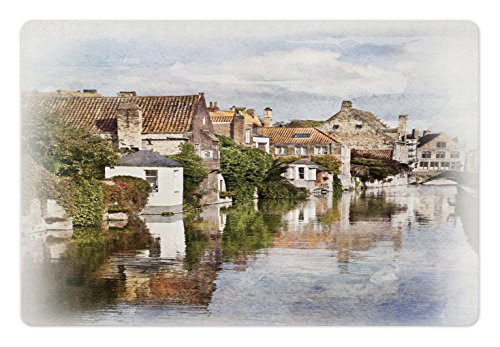 Ambesonne Abstract Pet Mat for Food and Water- Bruges Canal View Classic Gothic Architecture Building Watercolor Paint- Rectangle Non-Slip Rubber Mat for Dogs and Cats- Multicolor