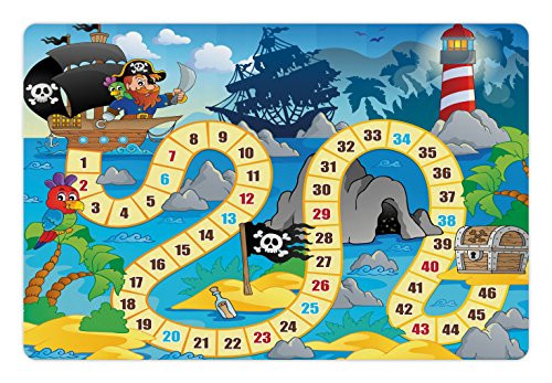 Lunarable Board Game Pet Mat for Food and Water- Ghost Ship with Pirates Lighthouse Tropical Island Waters Buccaneer Ocean Palms- Rectangle Non-Slip Rubber Mat for Dogs and Cats- Multicolor