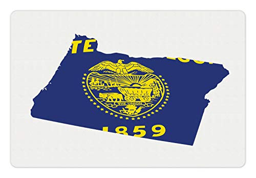 Lunarable Oregon Pet Mat for Food and Water- Map and Waving Flag of US State Beaver State Heart Shape Shield The Union- Rectangle Non-Slip Rubber Mat for Dogs and Cats- Cobalt Mustard White