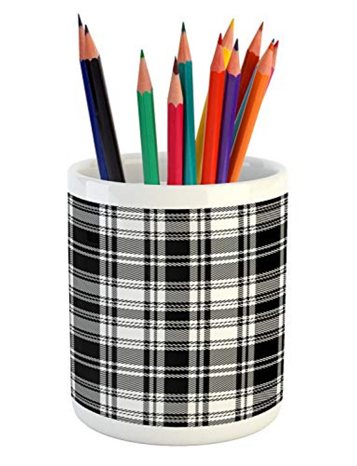 Lunarable Plaid Pencil Pen Holder- Monochrome Style Vintage English Stripes and Checks Pattern Abstract Grunge Look- Ceramic Pencil Holder for Desk Office Accessory- 3.6" X 3.2"- Black White
