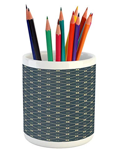 Lunarable Blue Nautical Pencil Pen Holder- Repetitive Style Knotted Maritime Shapes Pattern Rhombus Check- Ceramic Pencil Holder for Desk Office Accessory- 3.6" X 3.2"- Slate Blue Grey Yellow