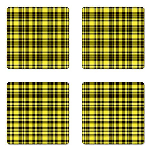 Lunarable Yellow Buffalo Check Coaster Set of 4- Tartan Pattern Formed with Horizontal and Vertical Stripes- Square Hardboard Gloss Coasters- Standard Size- Yellow Charcoal Grey