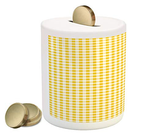 Lunarable Yellow Buffalo Check Piggy Bank- Plaid Pattern Art Image Old Fashioned Monochrome Tartan Style- Ceramic Coin Bank Money Box for Cash Saving- 3.6" X 3.2"- Earth Yellow White