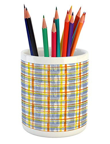 Lunarable Geometric Pencil Pen Holder- Grunge Style Horizontal and Vertical Stripes in Check Pattern- Ceramic Pencil Holder for Desk Office Accessory- 3.6" X 3.2"- Ceil Blue Yellow
