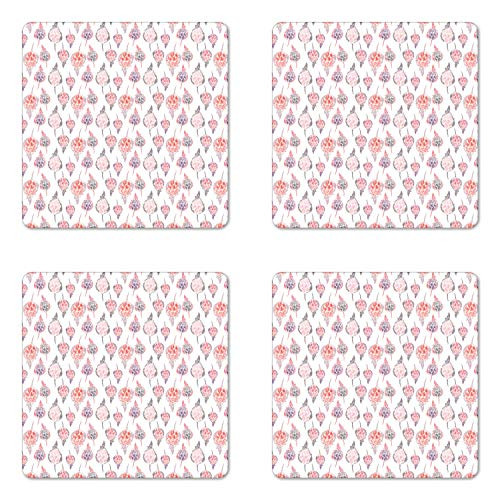 Lunarable Spring Coaster Set of 4- Hand Paint Design Pastel Natural Theme Flower Buds Pattern in Vintage Style- Square Hardboard Gloss Coasters- Standard Size- White Multicolor