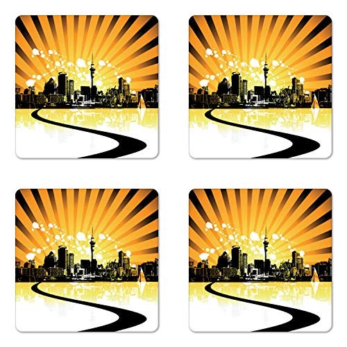 Lunarable Cityscape Coaster Set of 4- Abstract Sunrise Artwork Style Building Reflection Paint Illustration- Square Hardboard Gloss Coasters- Standard Size- Charcoal Grey Apricot