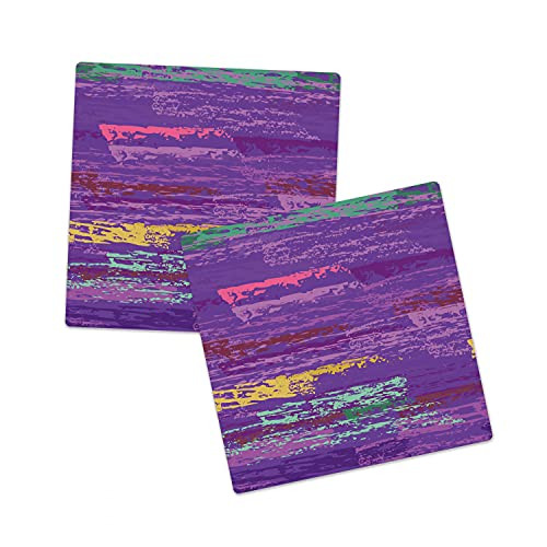 Lunarable Abstract Sandstone Coaster Set of 2- Vivid Grunge Stripes in Edgy Contrast Toned Paint Brushstrokes Modern- Absorbant Square Coasters for Drinks Mug Cups- 4.25"- Purple Pink Turquoise
