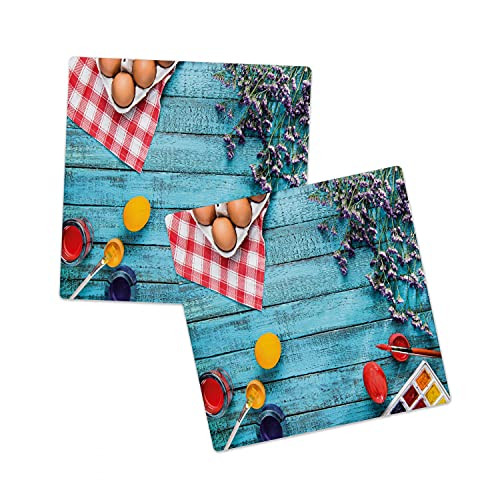 Lunarable Vintage Sandstone Coaster Set of 2- Image of Flowers Eggs and Paint Brushes Easter on Wooden Table- Absorbant Square Coasters for Drinks Mug Cups- 4.25"- Deep Sky Blue and Multicolor