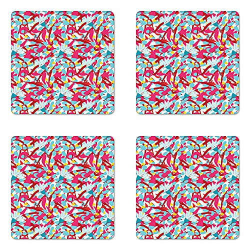 Lunarable Abstract Coaster Set of 4- Contemporary Quirky Themed Pattern of Paint Blots and Flowers Art- Square Hardboard Gloss Coasters- Standard Size- White and Multicolor
