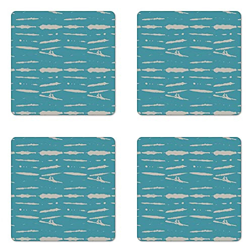 Lunarable Modern Coaster Set of 4- Grunge Graffiti Style Sky Clouds Paint Art Watercolor Contemporary Stain- Square Hardboard Gloss Coasters- Standard Size- Pale Petrol Blue Pearl