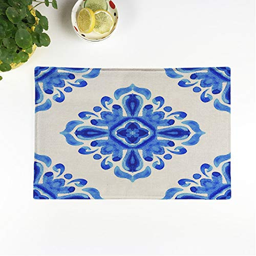 rouihot Set of 4 Placemats Blue Color Abstract Ornamental Watercolor Paint Pattern Medallion Water Non-Slip Doily Place Mat for Dining Kitchen Table