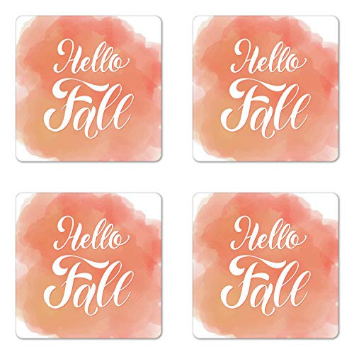 Ambesonne Hello Fall Coaster Set of 4- Watercolor Paint Modern Pastel Colored Autumn Season Related Wording Pattern- Square Hardboard Gloss Coasters- Standard Size- Coral White