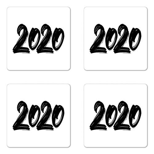 Ambesonne New Year Coaster Set of 4- Monochromatic Illustration of Handwritten 2020 Brush Paint Style Print- Square Hardboard Gloss Coasters- Standard Size- Charcoal Grey White