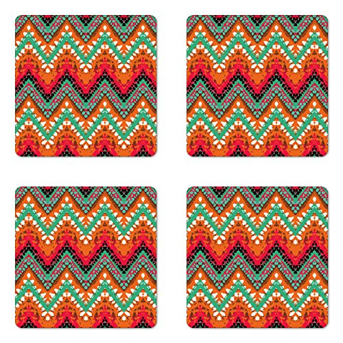 Ambesonne Tribal Coaster Set of 4- Hand Paint Zigzag Pattern with Effects Brushstrokes- Square Hardboard Gloss Coasters for Drinks- Marigold Sea Green Pink White Ambesonne Tribal Coaster Set of 4- Hand Paint Zigzag Pattern with Effects Brushstrokes- Square Hardboard Gloss Coasters for Drinks- Marigold Sea Green Pink White