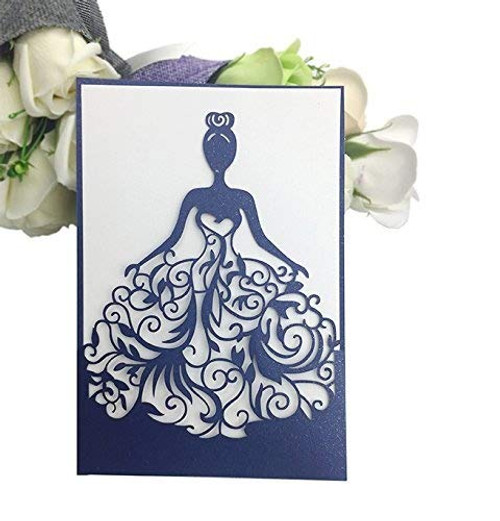 PONATIA 25PCS Laser Cut Wedding Invitations Card Hollow Bride Invitations Cards for Wedding Bridal Invitation Engagement Invitations Cards (Navy Blue)