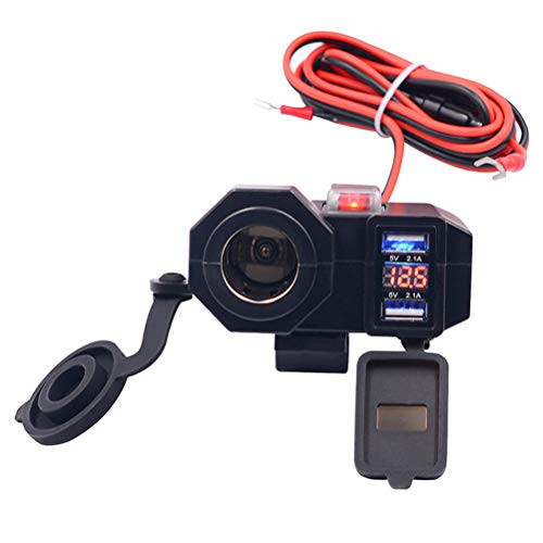 TOTMOX 5V/2.1A Dual USB Charger Socket Waterproof Motorcycle Handlebar Clamp Power Adapter Charger USB Charging System with Cigarette Lighter Socket and Voltmeter for Phones/Tablets/GPS