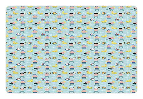 Ambesonne Summer Pet Mat for Food and Water- Young Boys Swimming in The Pool with Balls and Duck Floats Drawn by Hand- Non-Slip Rubber Mat for Dogs and Cats- 18" X 12"- Pale Teal Multicolor