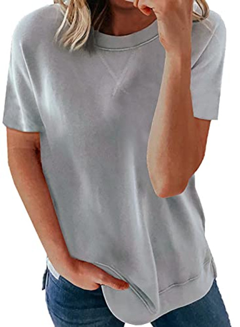 Dokotoo Women's Summer Casual Short Sleeve Round Neck Solid Color Tee Loose Tops Tshirts for Women Ladies Blouses Tunic Tops-Gray- Small-