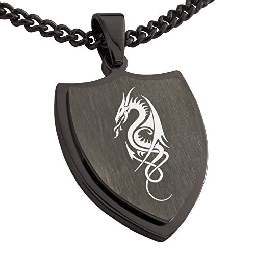 Tioneer Gunmetal Stainless Steel Horned Dragon Shield Pendant Necklace