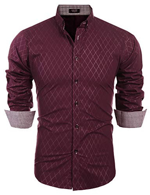 COOFANDY Men's Slim Fit Dress Shirt Long Sleeve Business Plaid Button Down Collar Shirt -S- Dark Red- COOFANDY Men's Slim Fit Dress Shirt Long Sleeve Business Plaid Button Down Collar Shirt -S- Dark Red-