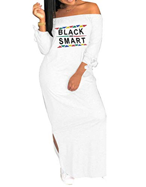 Women Plus Size Off Shoulder Long T-Shirt Loose Sides Split Letter Print Maxi Dress Long Sleeves with Bowknot Long Dress -White- XL-