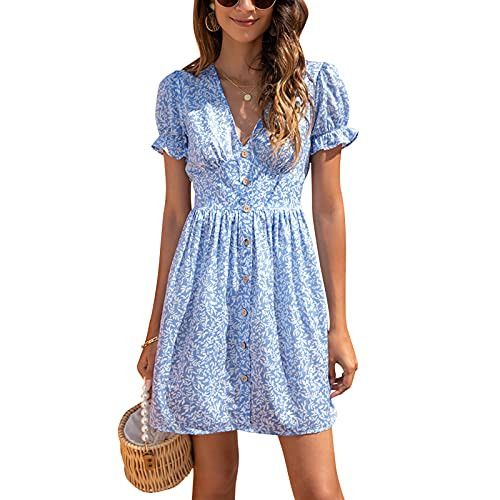 MorwenVeo Womens Summer Ruffle Sleeve Print Dress - Casual V Neck Short Dresses Beach Mini Dress Blue