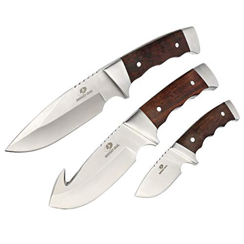 MOSSY OAK Fixed Blade Hunting Knife Set 3-Piece, Wood Handle Straight Edge and Gut Hook Blades Game