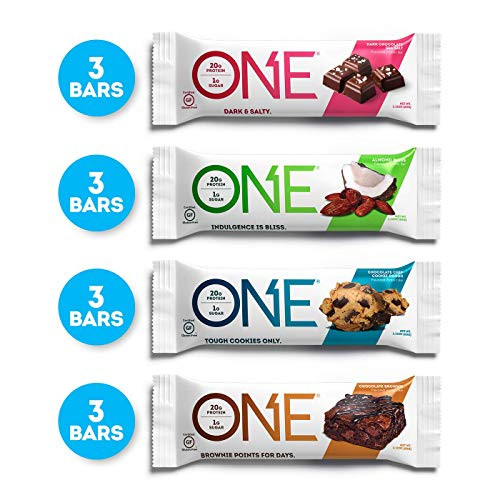 ONE Protein Bars, Chocolate Lovers Variety Pack, Gluten Free 20g Protein and only 1g Sugar, Dark Chocolate Sea Salt, Chocolate Chip Cookie Dough, Chocolate Brownie & Almond Bliss, 2.12 oz (12 Pack)