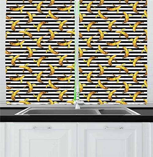 Ambesonne Indie Kitchen Curtains, Pattern with Horizontal Stripes and Banana Tropical Fruits Exotic Tasty Food, Window Drapes 2 Panel Set for Kitchen Cafe, 55 W X 39 L Inches, Black White Yellow