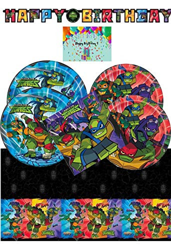 Ninja Turtles Party Supplies and Decoration Kit for 16 - Birthday Banner, TMNT Lunch Plates and Dessert Plates, Napkins, Table Cover Bundled with Birthday Card by JPMD Party House