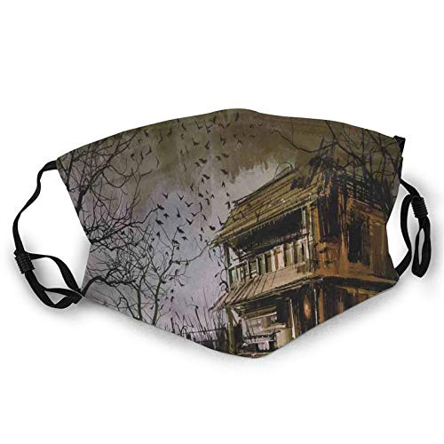 Comfortable Windproof mask-Old Haunted Abandoned Wood House At Dark Night With Bats Scary Horror Paint-Printed Facial decorations for adult