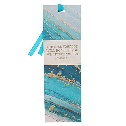 Teal Marble Swirl Premium Scripture Bookmark God Will Be with You Joshua 1:9 Bible Verse Metallic Gold Accent Inspirational Bookmark for Men and Women w/Satin Ribbon
