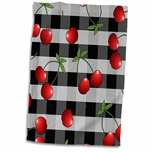 3D Rose Print Juicy Red Cherries on Black Check TWL-24734-1 Towel- 15" x 22"