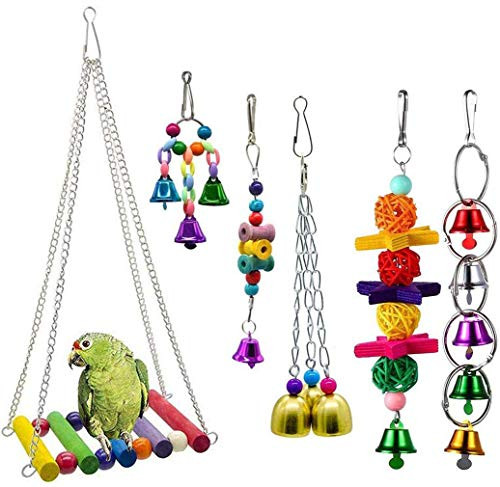 FormVan Bird Parrot Toys- Natural Wood Chewing Toy Bird Cage Toys Hanging Swing Hammock Climbing Ladders Toys for Small Parakeets- Cockatiels- Conures- Finches-Budgie- Parrots- Love Birds Set of 6